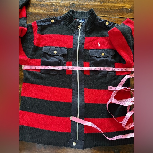 Polo Ralph Lauren Striped Zip Sweater Jacket Red Black Military Womens 3XL - Picture 5 of 7